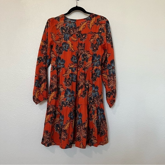 2/$30 Old Navy Tie-Neck Tiered Cotton Mini Floral Swing Dress Orange - Picture 8 of 15
